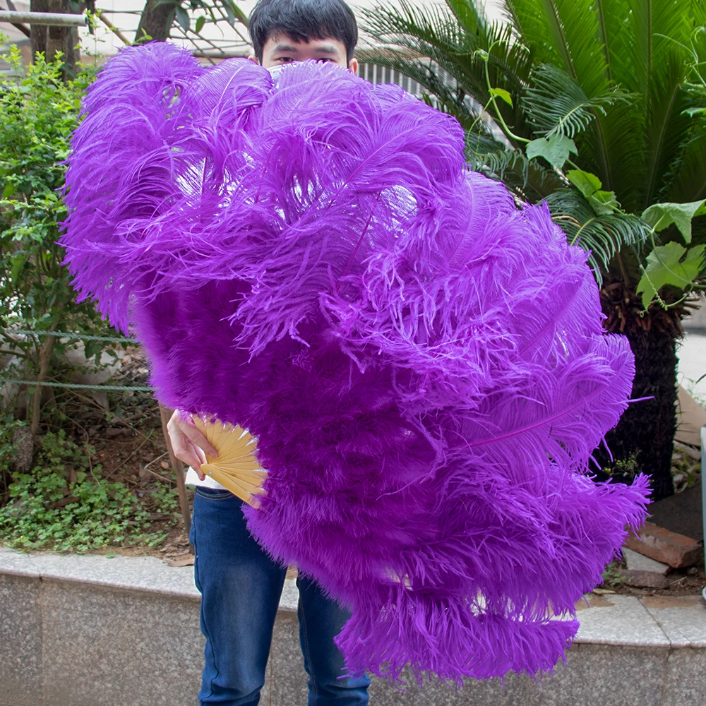 1pair=2pcs Ostrich Feather Fan 100CM 130cm Purple Dance FANS Party Wedding  Stage Show Props Handheld Marabou Plumes Fan 13Bones