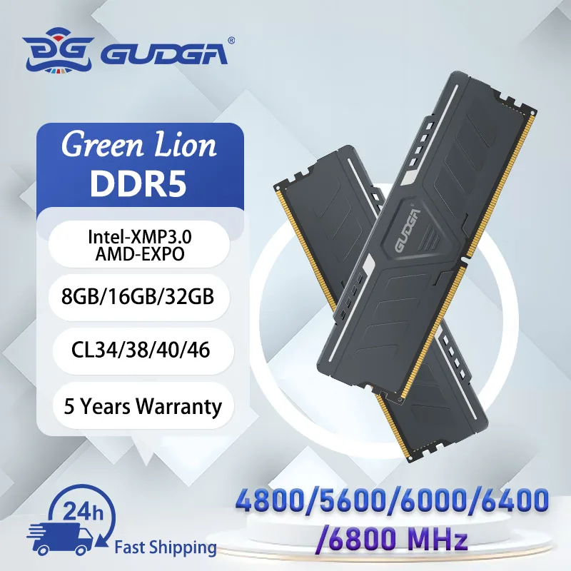 GUDGA Memoria RAM DDR5 6800/6400/6000/5600/4800 MHz 8 GB 16 GB 32 GB 16 GB x 2 Gaming-Desktop-Speicher Ram 288Pin DIMM DDR5 RAM XMP 3.0