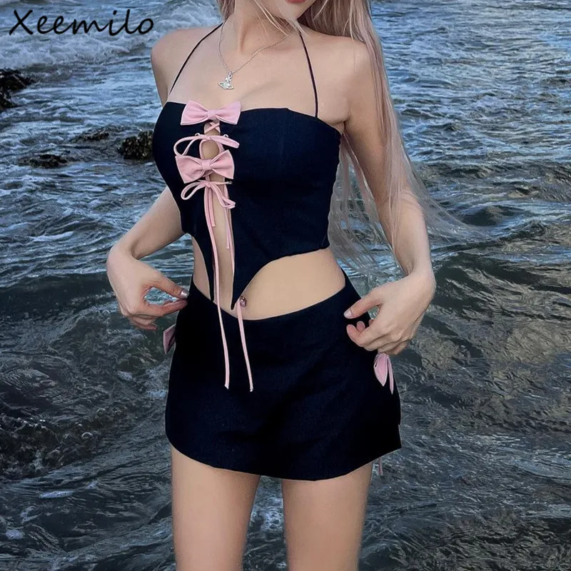 

Xeemilo Y2K Bow Tie Up Halter Tank Top With Side Split High-waist Party Skirt Summer Beachwear Holiday Elegant Women 2 Piece Set