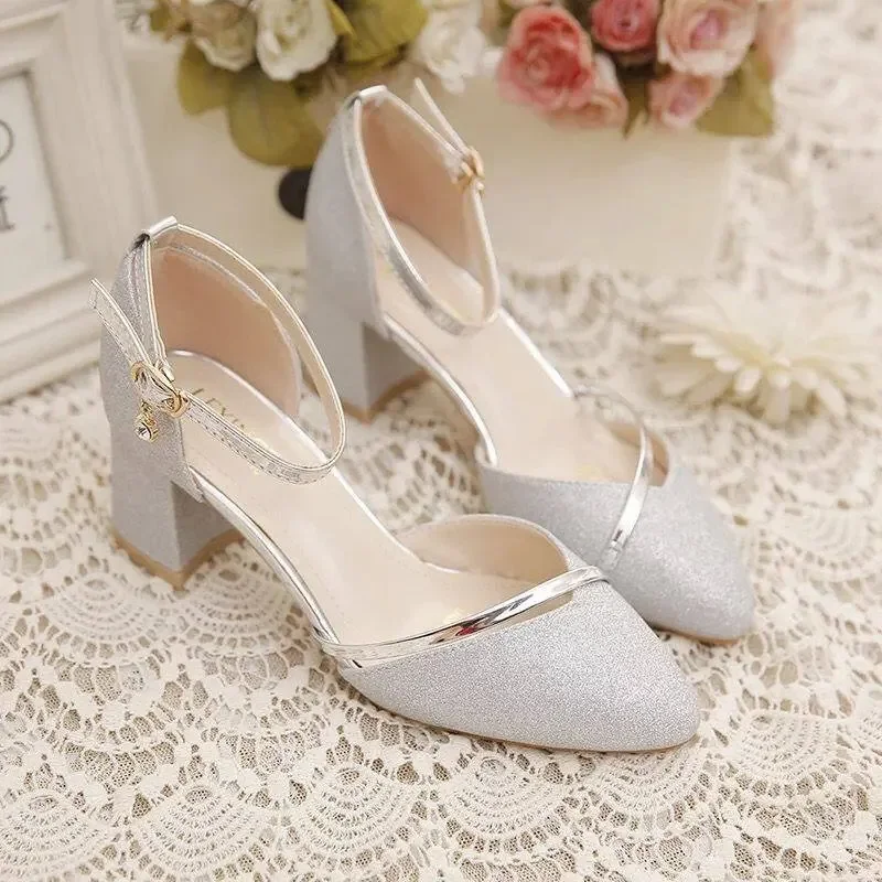 Summer Women's Pointed Head High Heeled Sequin Sandals women slingback sandals women high heels shoes Woman Sexy Shoes Fashion Pearl Decoration Slingback Female Pumps