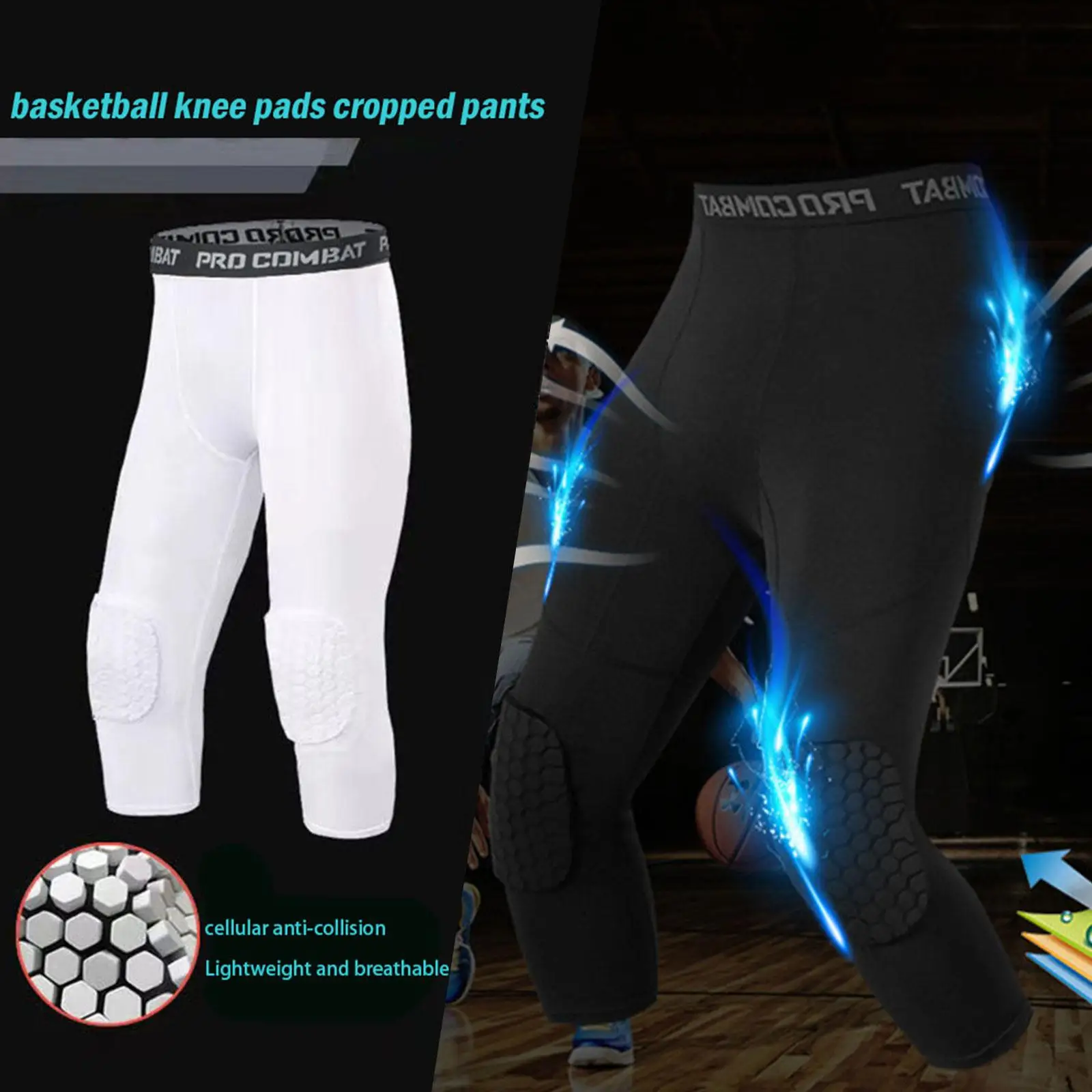 Men's Safety Anti-Collision Pants Basketball Training 3/4 Tights Leggings With Knee Pads Protector Sports Compression Trousers sports leggings,compression pants