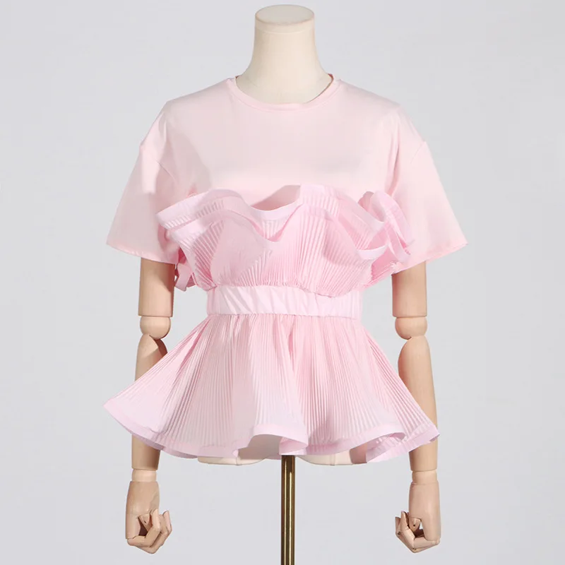 2025 summer new style fashion temperament slim fit round neck ruffle stitching design short sleeve women's T-shirt