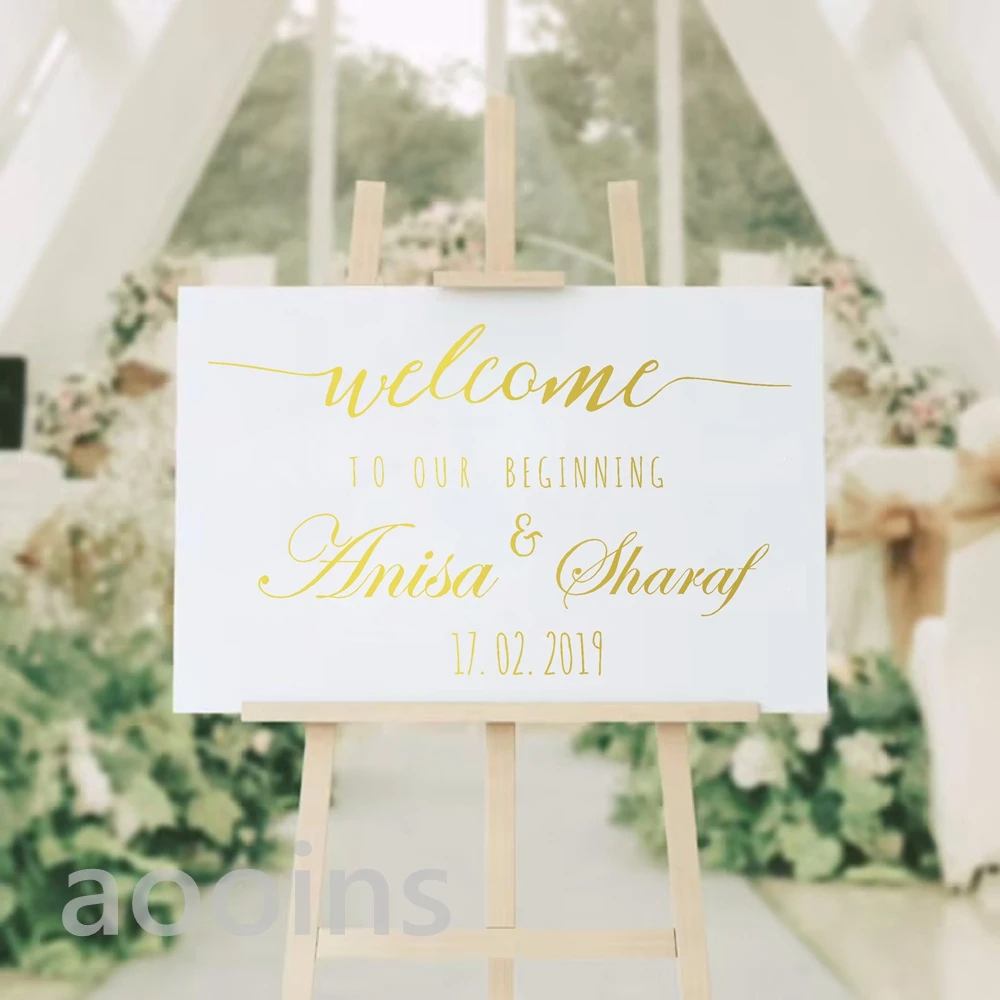 Simple Personalized Wedding Welcome Sign Names and Date Decals Rustic Wood Wedding Decor Vinyl Stickers for Weddings