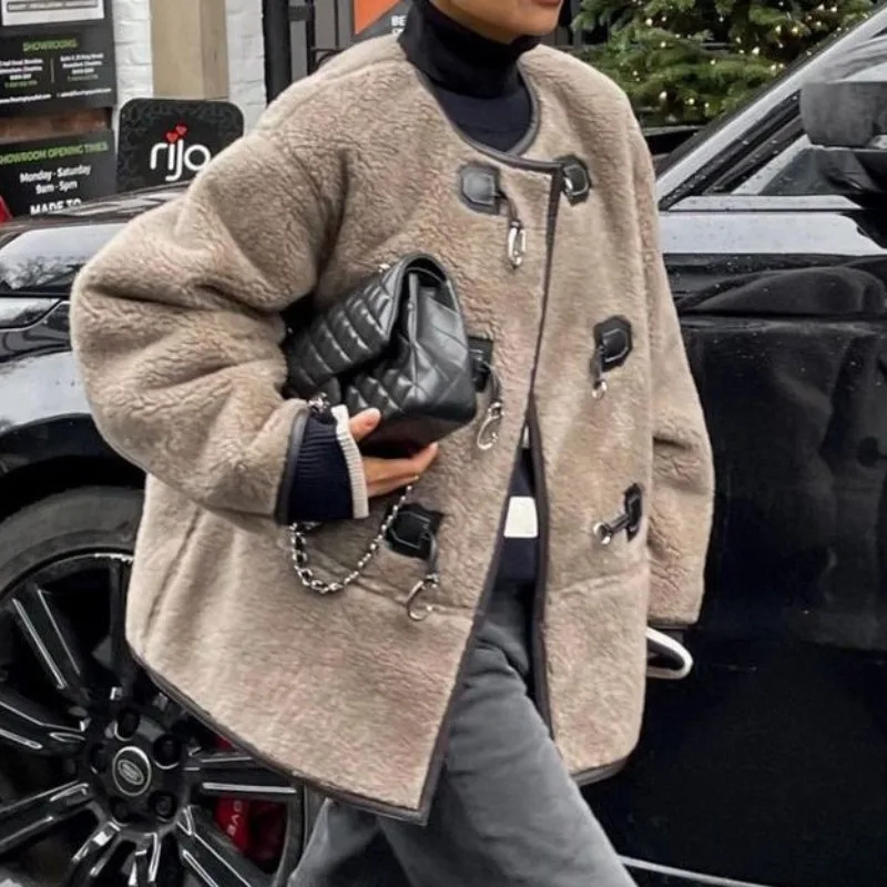 Women's Autumn and Winter New Fashion Solid Color Pullover Round Neck Cashmere Metal Buckle Long Sleeve Loose  Cardigan Coat