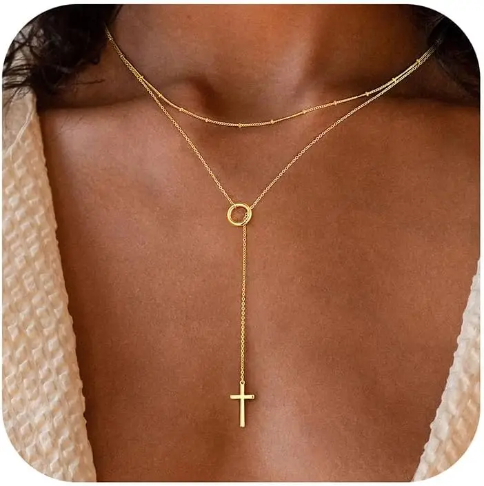 14k Gold Lariat Cross Necklace 1