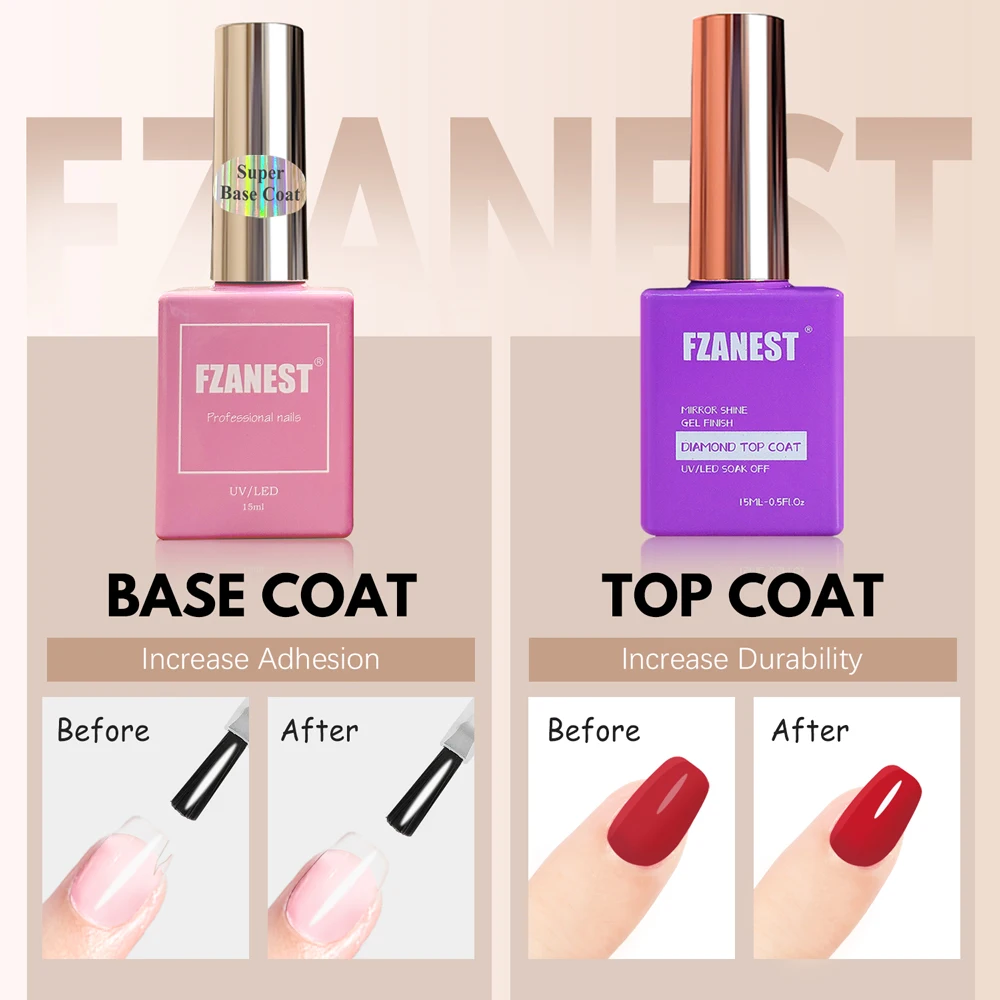 FZANEST Crystal Clear Diamond Top Coat Base Coat Long Lasting Nail Protection Kit Ultra Durable Scratch Resistant Nail Care Set 5