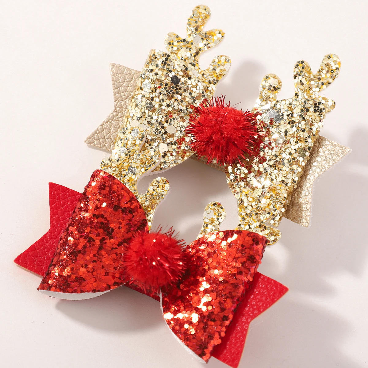 2Pcs/set Red Sparkling Bow Hair Clip Exquisite Christmas Deer Lucky Hairpin for Girls Ponytail Headwear Sweet Headclip
