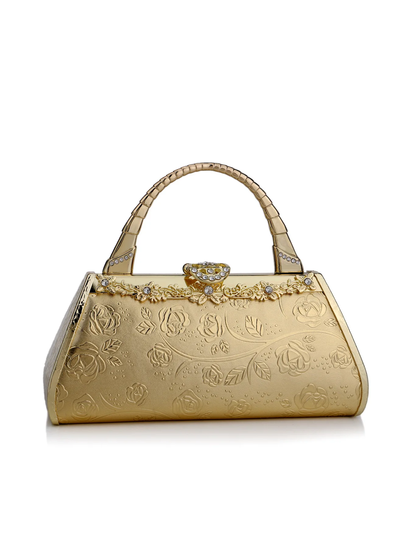Golden Metal Evening Clutch Bag with Pearl Diamonds for Women