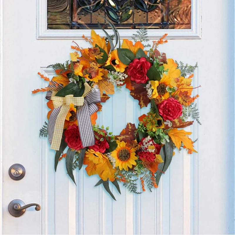 

Осенние венки для входной двери, Осенний венок с подсолнухом, тыквы и банты из мешковины, для фермерского дома, улицы