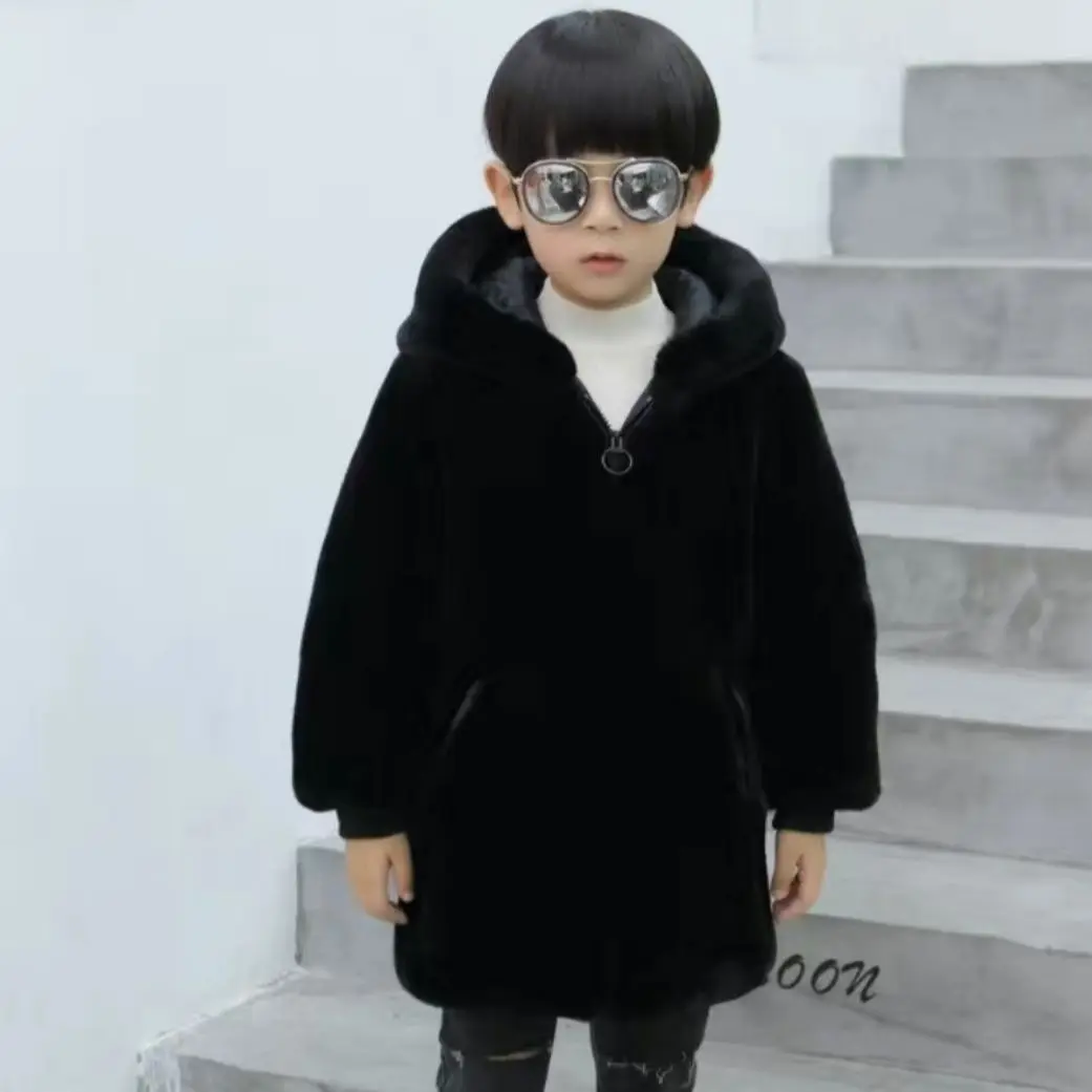 Young Boys' Hooded Mink Fur Woolen Coat Solid Children's Clothing Winter Thickened Warm Korean Fashionable 3-12 Years Old