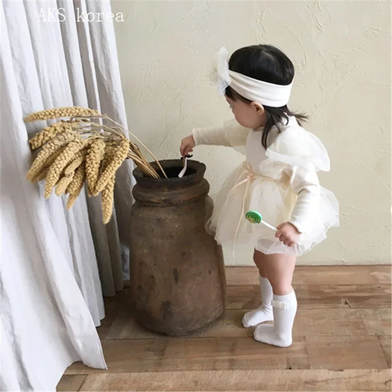

2024 Spring Autumn Baby Girls Rompers Cotton Mesh Spliced Solid Newborn Girls Jumpsuit With Knotbow Hairband Infant Girls Dress