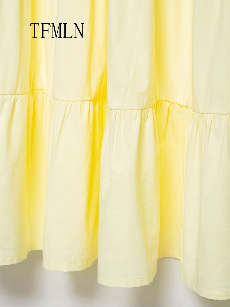 TFMLN Elegant Women Solid Tierred Pleated Skirts 2025 Summer Causal Beach Patchwork Drawstring Skirts High Street A-line Skirts