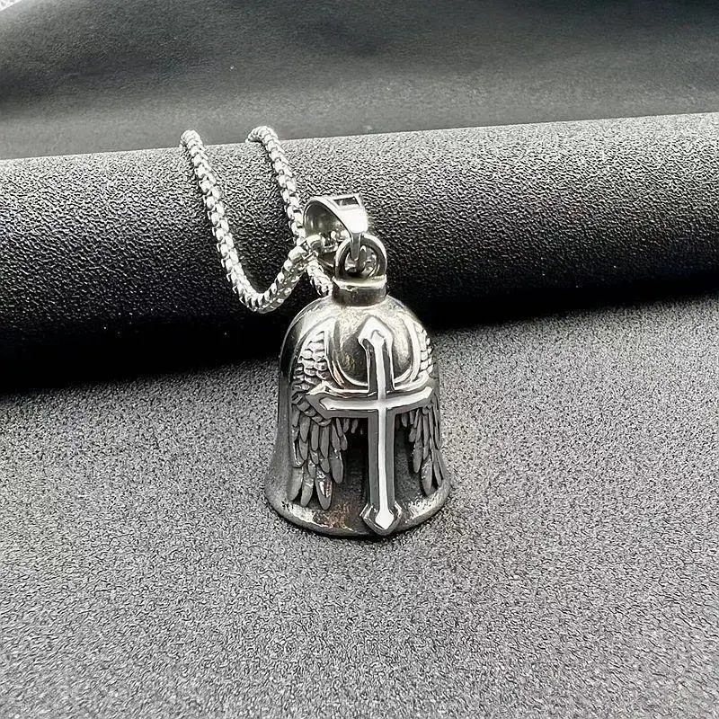 

Retro Punk Style Men's Cross Lucky Bell Angel Wing Knight Bell Metal Pendant Motorcycle Riding Guardian Bell Accessories