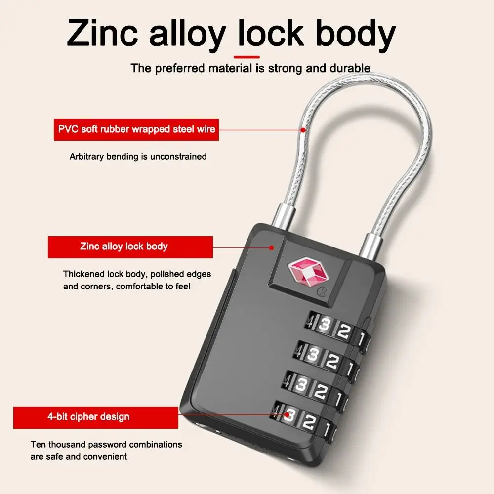 Description Picture 4 of itemTSA 4 Digit Combination Lock Zinc Alloy Anti-theft Customs Password Lock Wire Rope Padlock Travel Suitcase Luggage Coded Lock