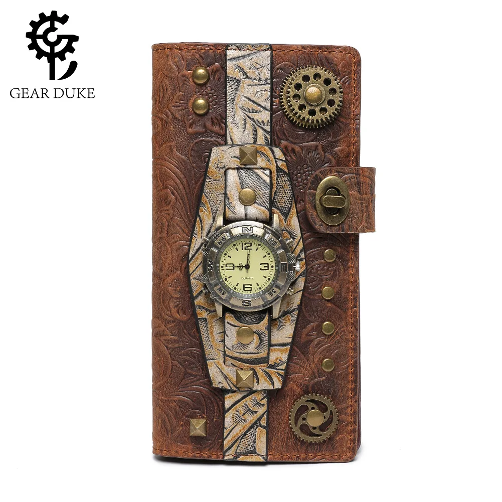 

New Gear Duke Woman Cow Leahter Hand Wallet Punk Hand Purse Medieval Steampunk Motorcycle Watch Gear Decorated Embossed Moneybag