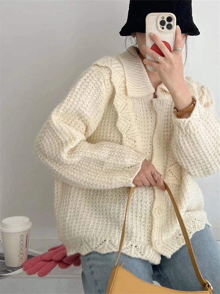 

Hsa Korean Style Ruffles Pink Sweater Cardigan Loose Sweater Coat Women Harajuku Streetwear Long Sleeve Jumper Female Tops 2023