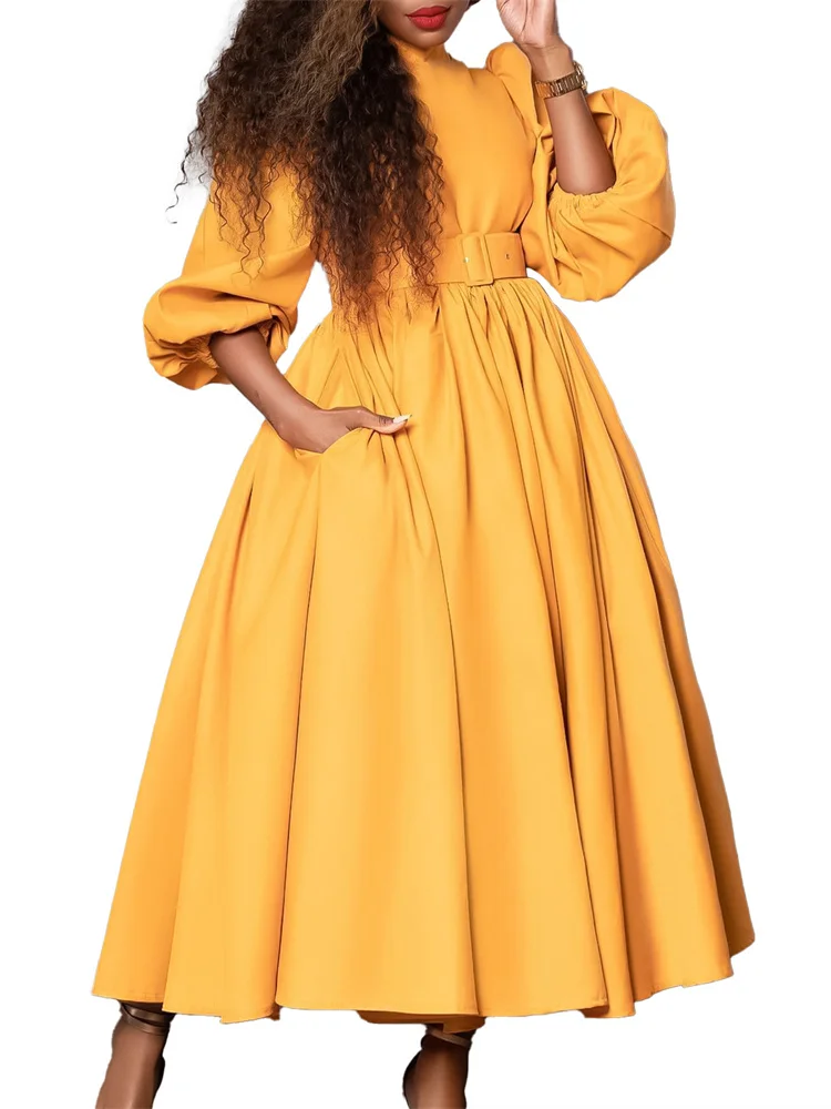 Wmstar Women Dress Autumn Plus Size Long Sleeve Solid Color High Neck Matching Belt Temperament Mid Length High Waist Dresses