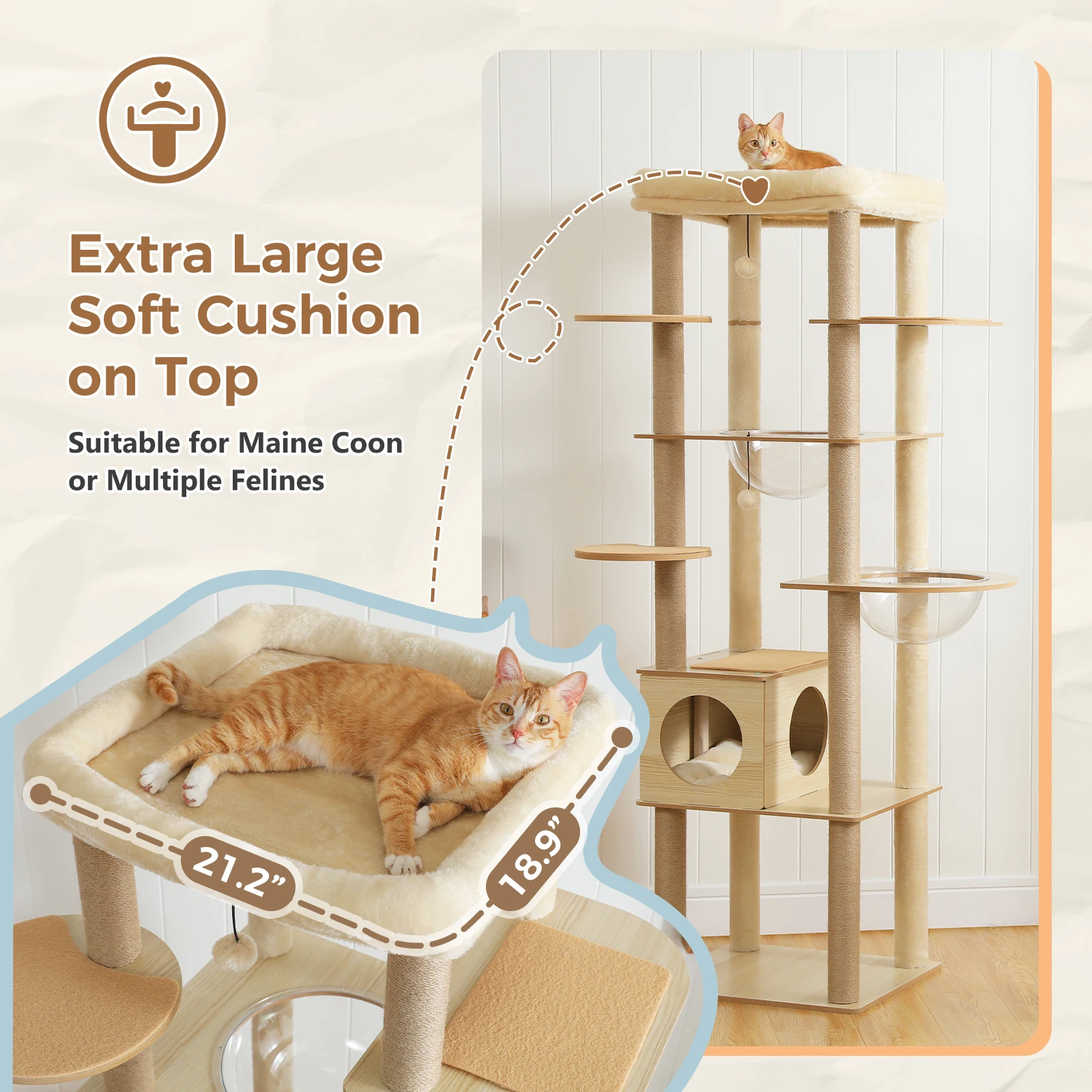 Großer Katzenbaum mit 2 Acryl-Hängematten, Hoher Holz-Katzenturm mit Kratzpfosten & Geräumiger Oberer Liegefläche, Mehrstöckiges Katzenspielzeug für Innenräume – Detail 5