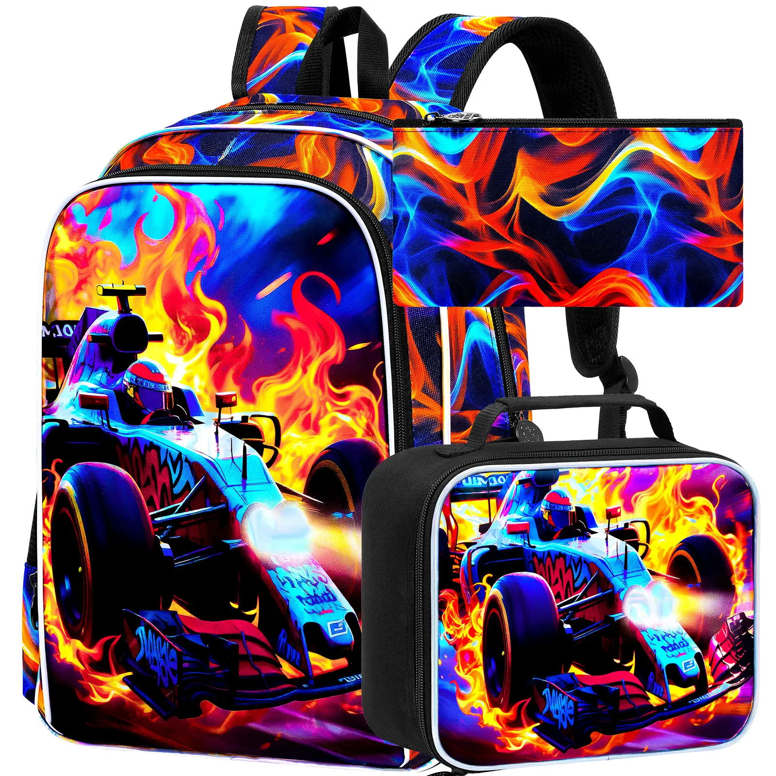 FTJCF 3Pcs Race Car Backpack, Boys Kids Bookbag with Lunch Box, 17" School Backpacks for Elementary Preschool Kindergarten (Fire 1