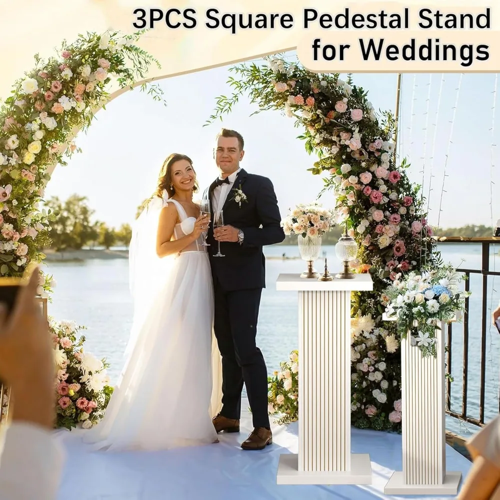 3PCS Square Pedestal Stand for Party,White Wood Display Pedestal Stands for Parties,Fluted Plinth Pillars Table Stands 4