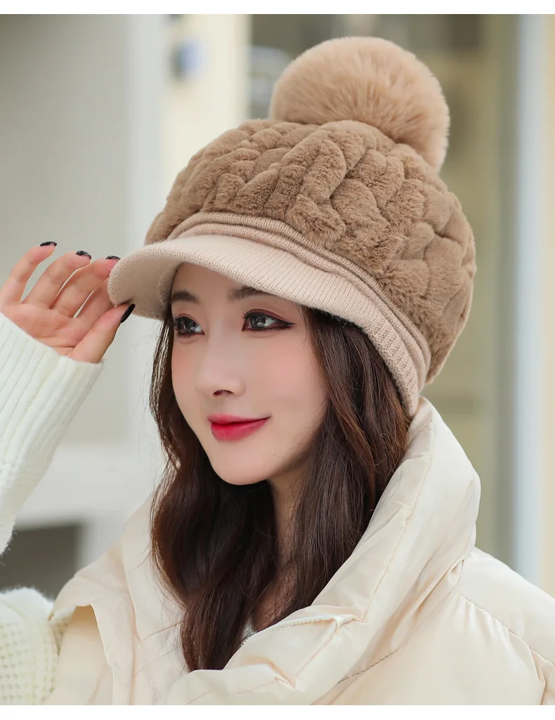 Hut Herbst Winter Mütze Frauen vielseitige Kaninchen haar warme Ente Zunge Hüte niedlichen Haarball kalt wind dicht Hut dick heiß – Detail 23