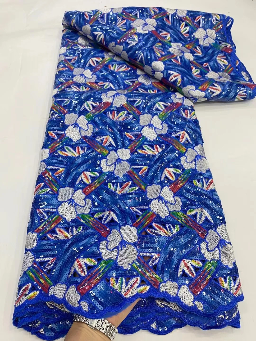 

Royal Blue Nigerian Net Lace Fabric 2023 African High Quality Handcut Sequins Mesh LaceFabric French For Bride Prom Dresses Sew