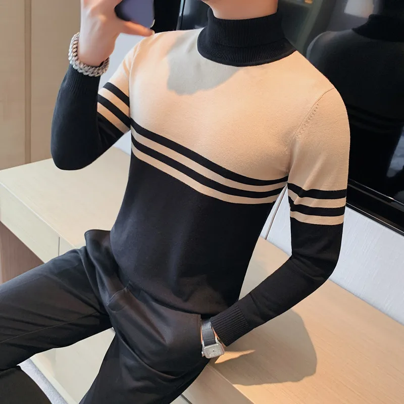 

Autumn Winter Turtleneck Long Sleeve Sweaters For Men Clothing Fashion Patchwork Color Slim Fit Casual Knitted Pull Homme 4XL-M