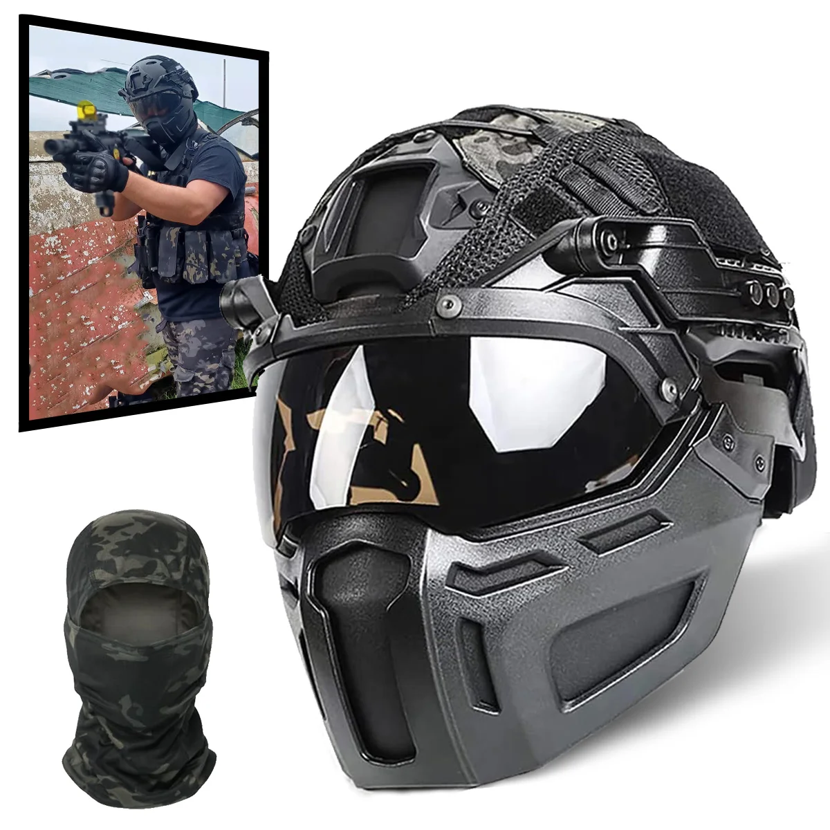 

Airsoft Fast Tactical Helmet with Multicam Helmet Cover Full Face Paintball Mask and Goggles Set for Outdoor Hunting CS CBQ Game