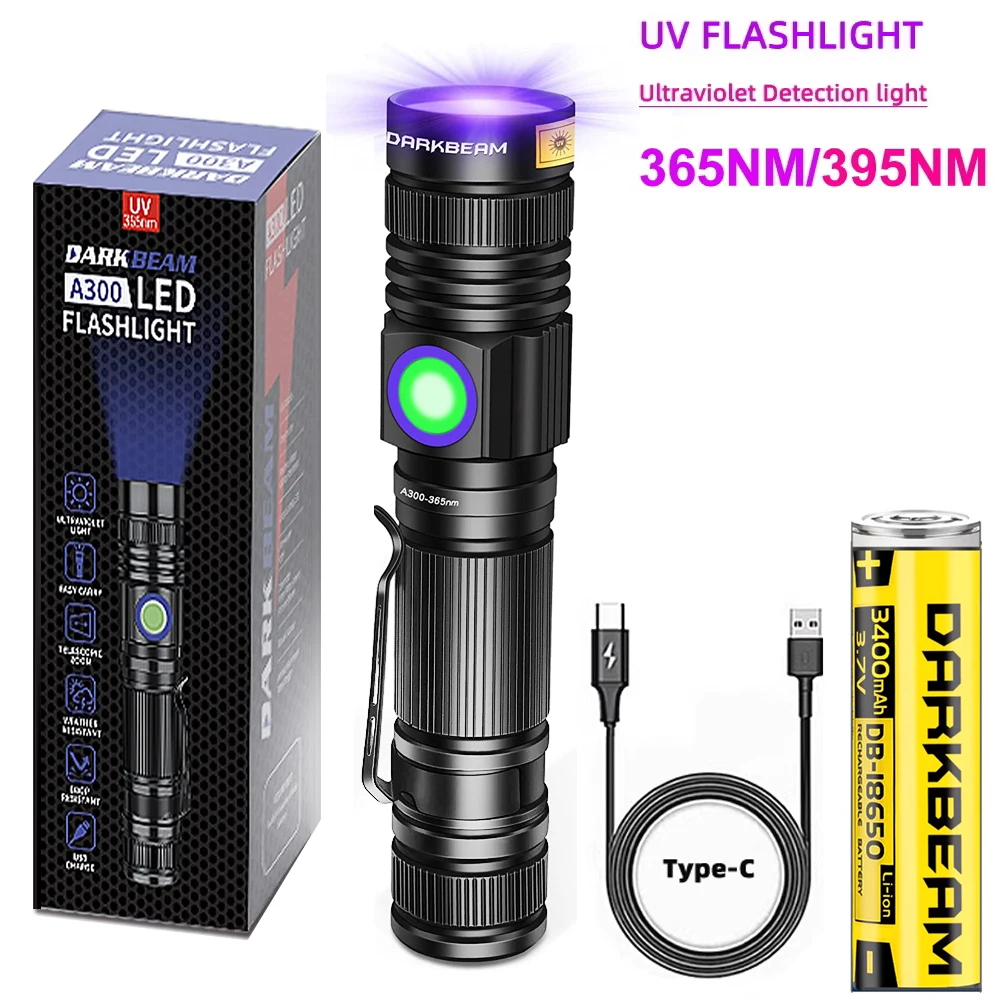 UV Flashlight 365nm & 395nm Blacklight Rechargeable USB, Wood’s Lamp Ultraviolet Black Light LED Portable – Detector
