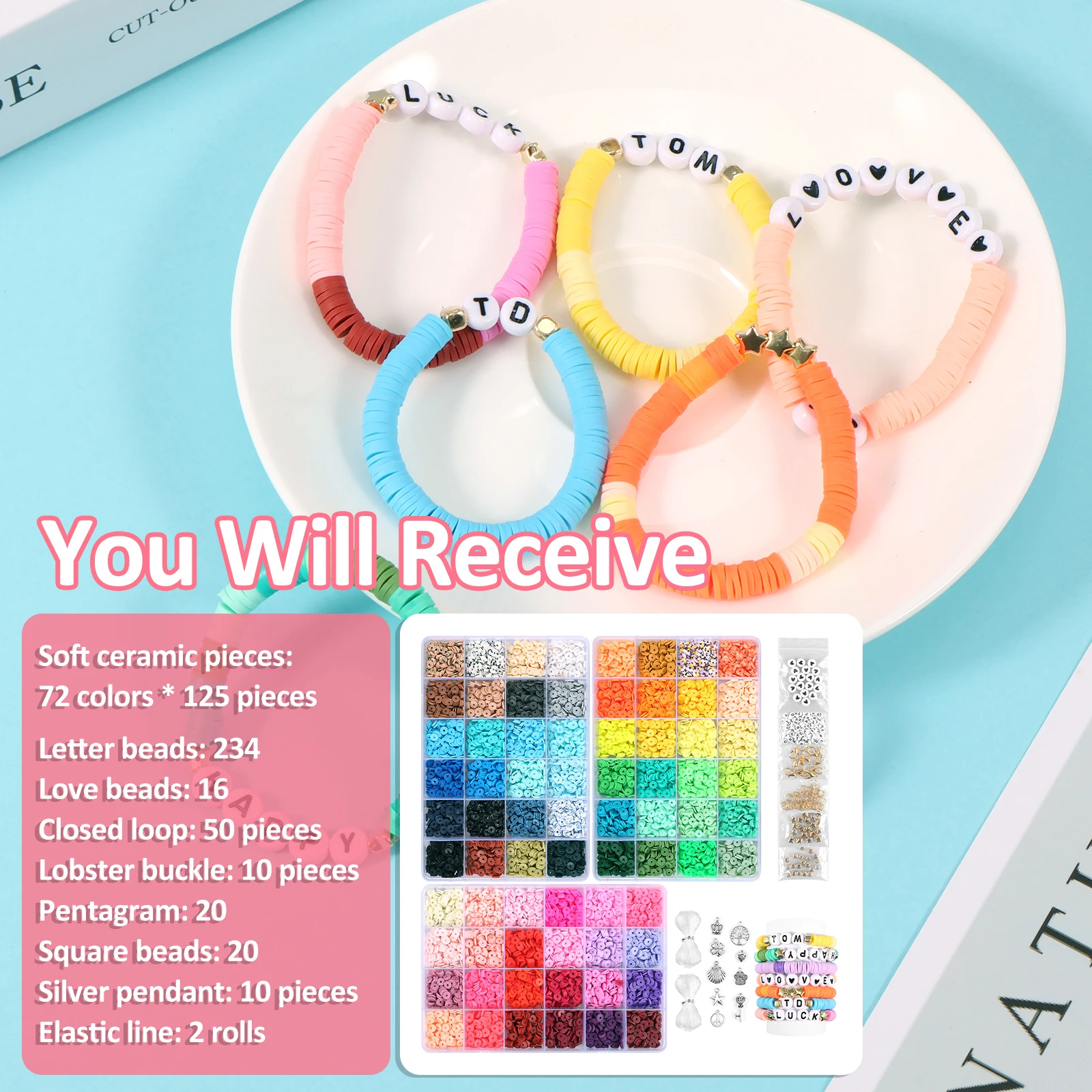 9362Pcs Clay Beads Bracelet Making Kit 72 Colors DIY Clay Beads Spacer Crafts Kit for Jewelry Necklaces Bracelets Pendant