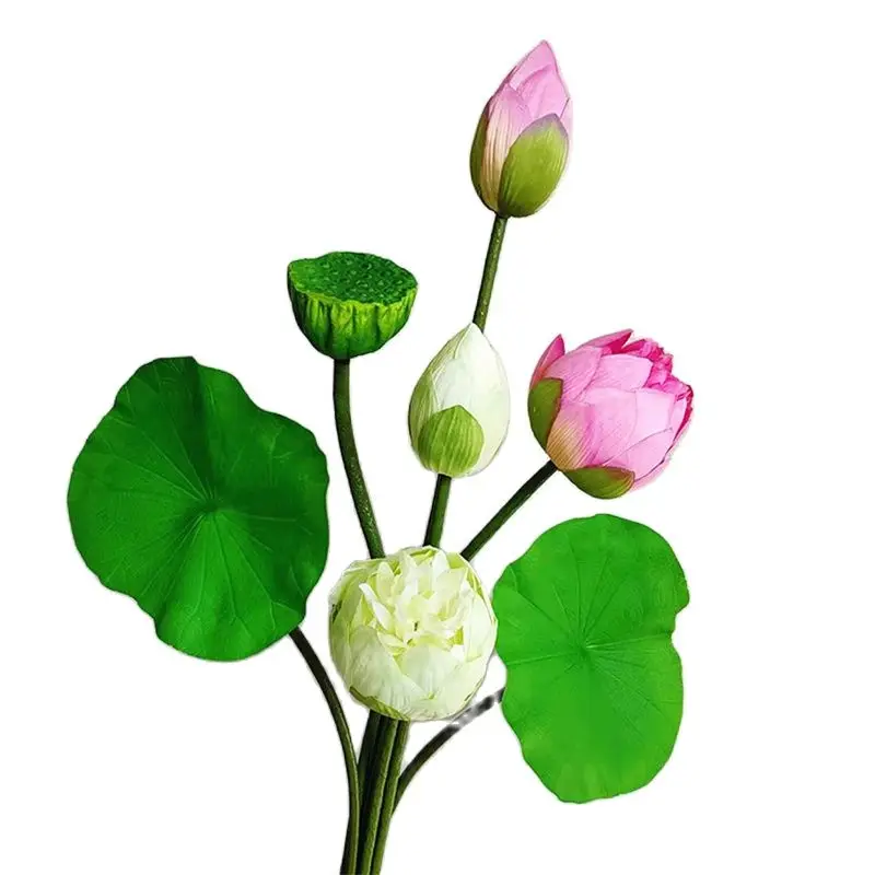 New Arrival One Silk Lotus Flower Bud Fruit Leaf Stem Artificial Water