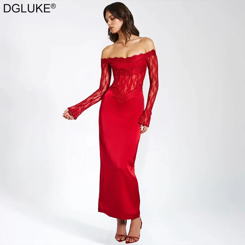 

Red Lace Long Sleeve Maxi Dress Fashion Patchwork Off Shoulder Long Dress Elegant Party Prom Dresses 2024 Luxury Gown
