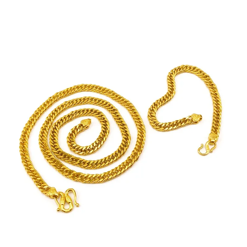 9999 real gold 24K internet celebrity lucky button boss flat chain necklace bracelet set, whip chain bracelet necklace