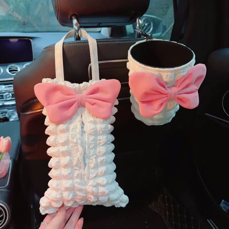 Cute Pink Bow Car Shoulder Protector Summer Car Tissue Box Cover Seat Belt Armrest Decorations Interior Decorations Pink