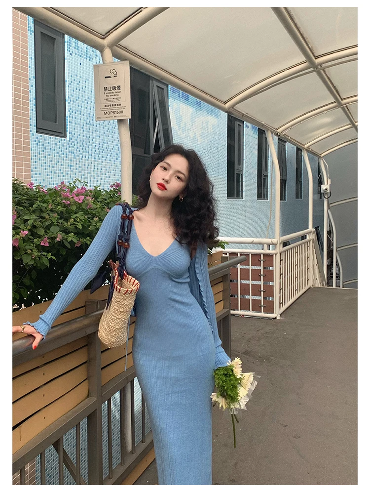 Vintage Chic Knitted 2-piece Dress Set Women Crop Cardigan V-neck Spaghetti Strap Bodycon Midi Dress Autumn New Female Clothing