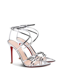 New silver pointed toe exposed cross straight strap sandals with slim heels for women, red soled high heels, fashion shoes