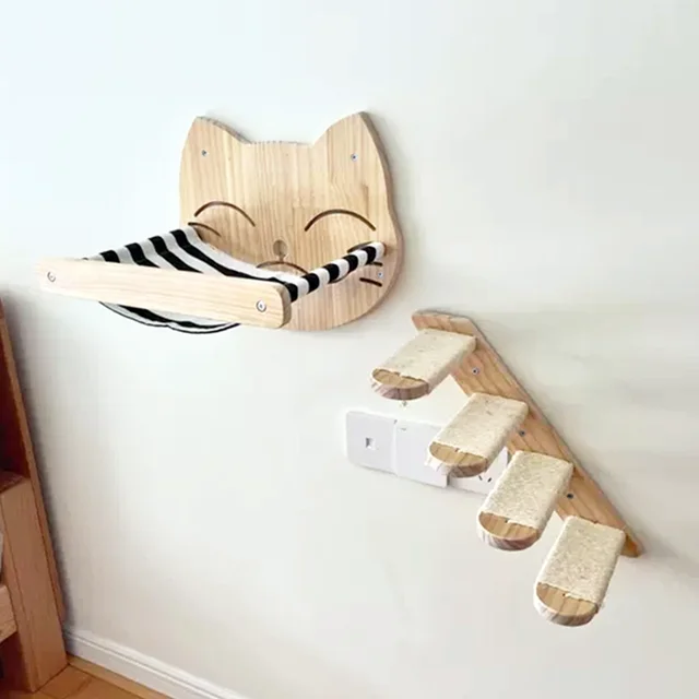 Wall Mounted Cat Tree Cat Climbing Wooden Shelves Climbing Hammock Set Scratching Post and Ladder for Cats Playing and Sleeping 6