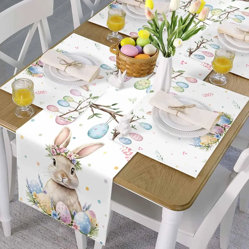 Tafelloper met paasdecoratie | Schattig konijntje ei tafelkleed 182 cm, linnen boerderij tafelloper lange eettafel decoratie, dinerfeestbenodigdheden, tafeldecoratie voor paaseierenjacht spel