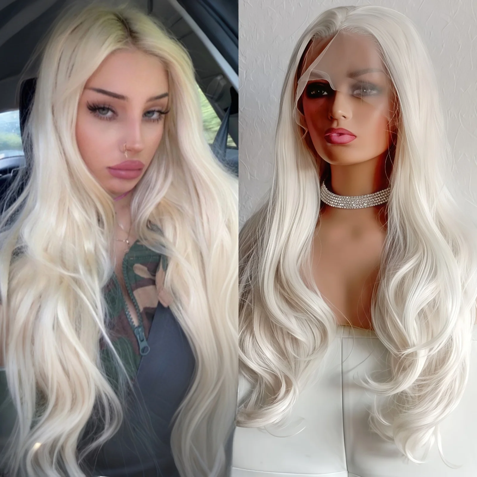 Long Curly Wavy Platinum Blonde Synthetic Hair Free Part Layered Natural Wave White Colored Heat Resistant Fiber Wigs for Women