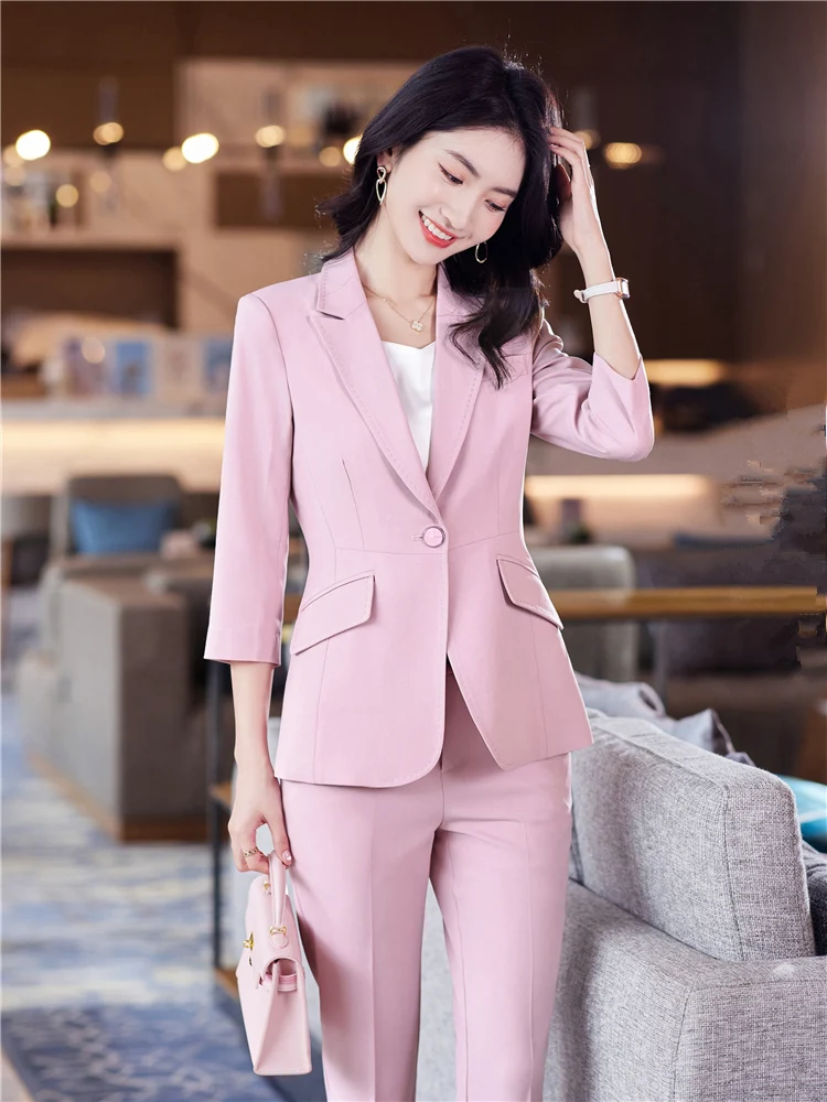 Pink Women Suits with Belt Slim Elegant Pant Sets Autumn Long Sleeve Two  Piece Set Women's Office Blazer Lady Solid Color Outfit - AliExpress