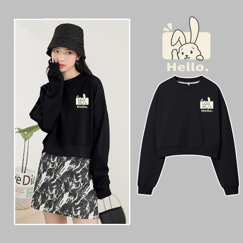 

Cartoon Cute Rabbit Print Men Women Cropped Hoodie Top 400g Cotton High Street Sweet Girl Autumn Winter Long Sleeve Pullover