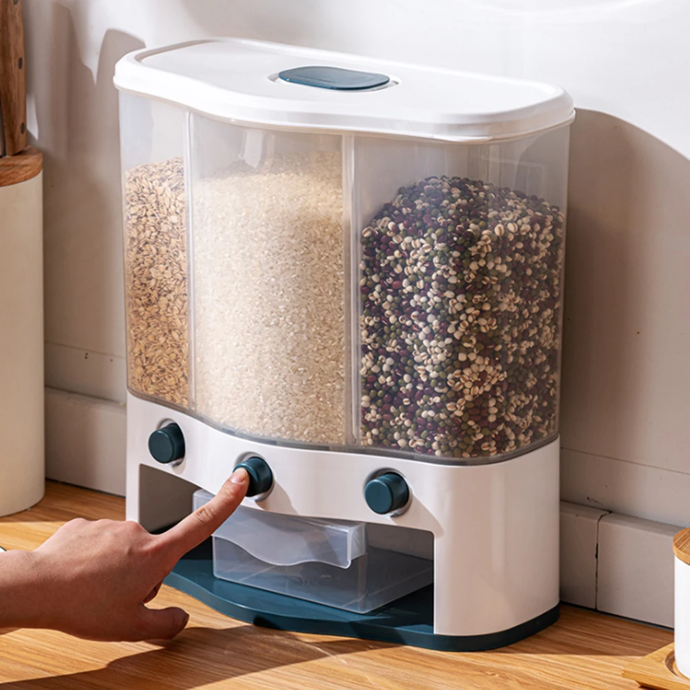 

Dry Food Dispenser Cereal Wall Mounted Separate Rice Bucket Moisture Proof Automatic Racks Sealed Metering Kitchen Storage 6L