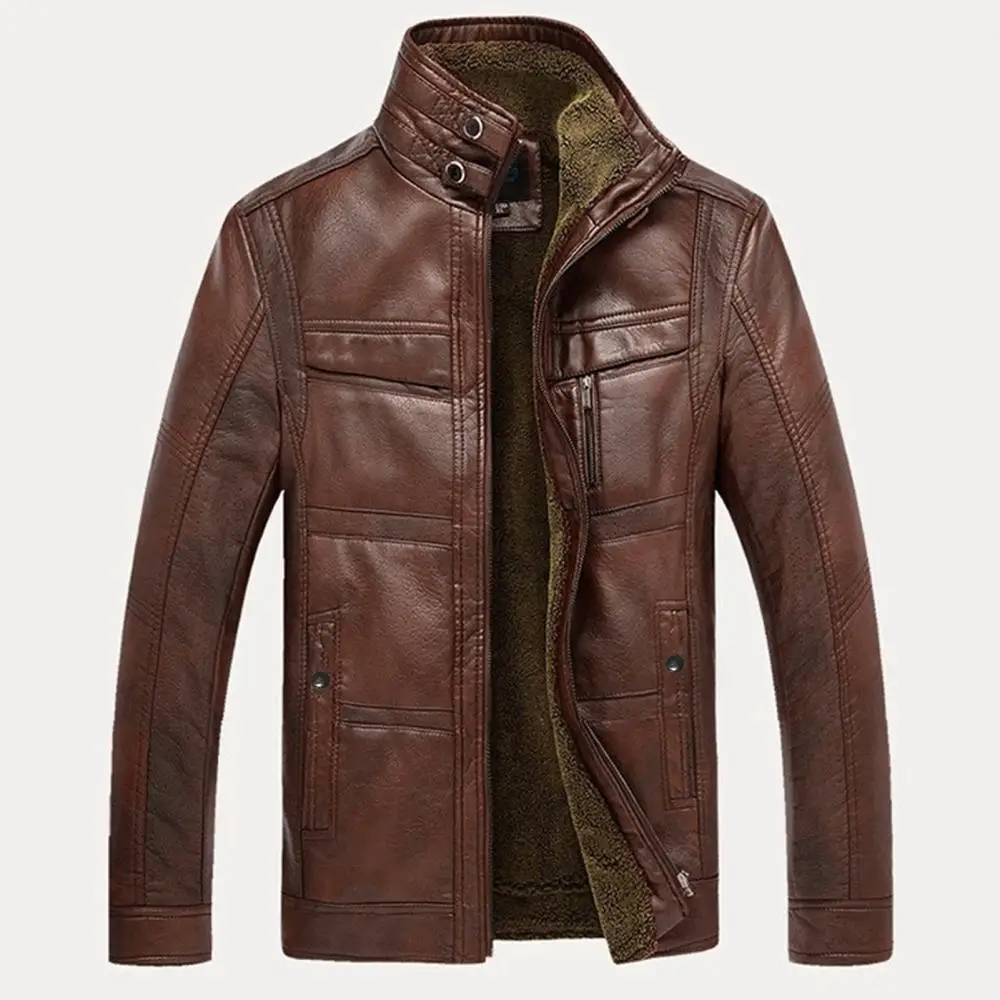 Description Picture 4 of itemJacket Fleece Stand Collar Long Sleeve Men Faux Leather Warm Lined Zip Short Jacket