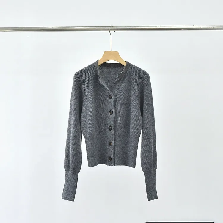 

Women Gray Cardigan Beaded O-Neck Single Breasted Long Sleeve Casual 100% Cashmere Sweater