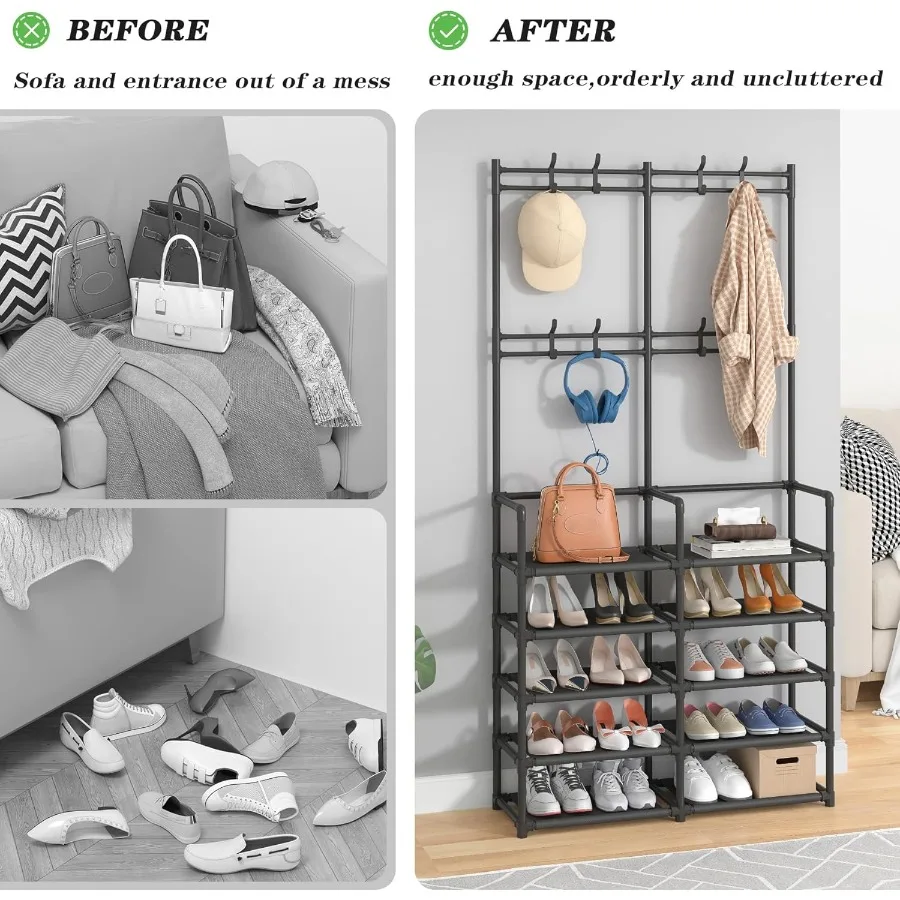 Laiensia 5Tier Entryway Coat Rack Coat and Shoe Rack Entryway Bench Storage Organizer with 8 Hooks for Bedroom Hallway Office B