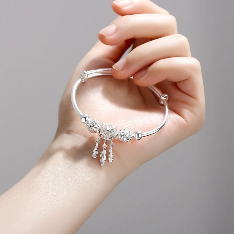 Adjustable size 925 Sterling Silver Bangle cuff Dreamcatcher Tassel Feather Round Bead Charm Bracelet for Women wedding bangle bracelet