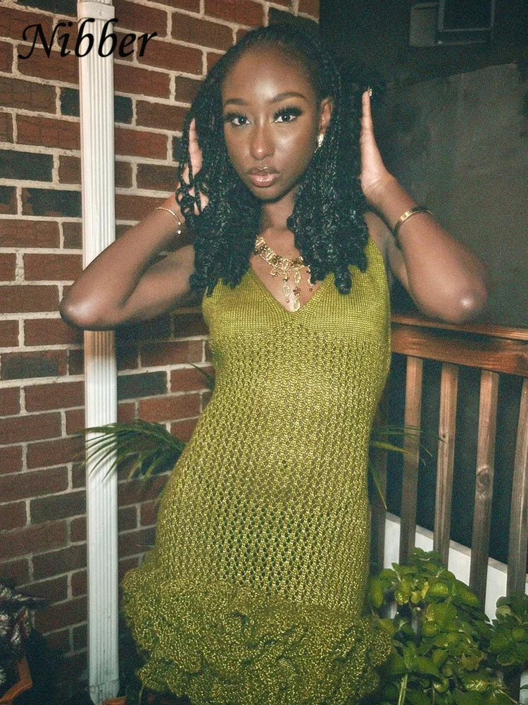 Nibber Knitted Tierred Mini Dress Women Solid See Through Strap Deep V-neck Bodycon Female Midnight Classic Clubwear Clothing