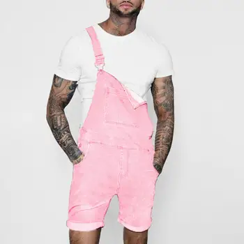 Pink Denim Overall Shorts for Men Fashion Hip Hop Streetwear Mens Jeans Overall Shorts Plus Size Summer Short Jean Jumpsuits