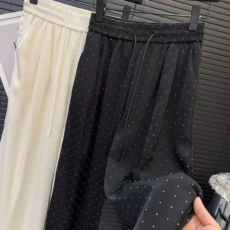 New Women High Waist Hot Diamonds Wide-legged Pants Summer Korean Chic Design Loose Straight-legged Pants Elastic Waist Trouser