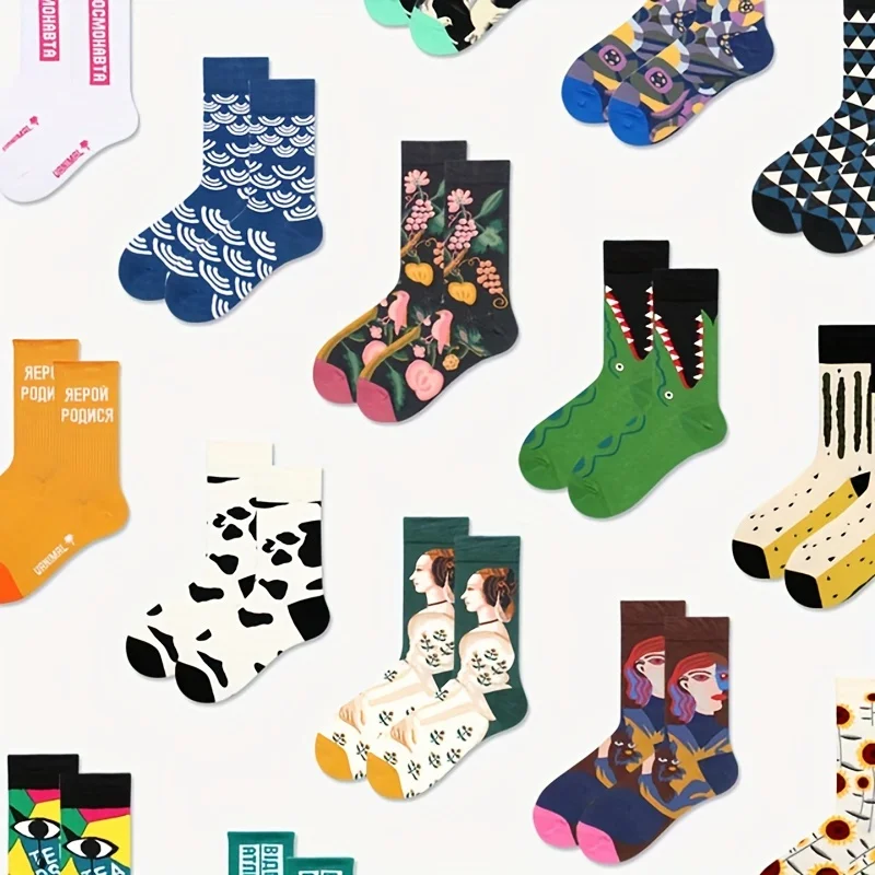 1 pair unisex colored printed mid tube socks trendy personalized animal flower socks